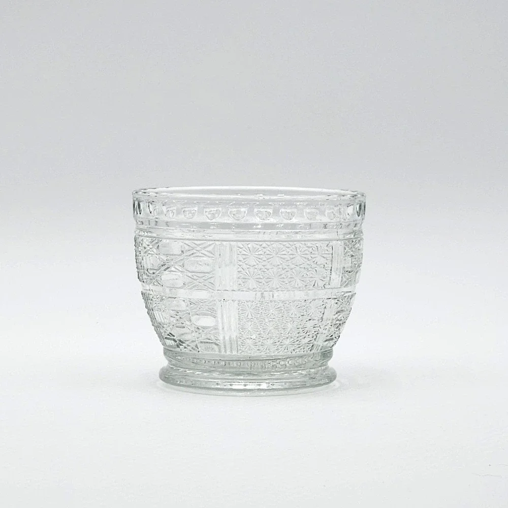 Vintage KIG Clear Pressed Glass Starburst & Geometric Panel Votive Candle Holder